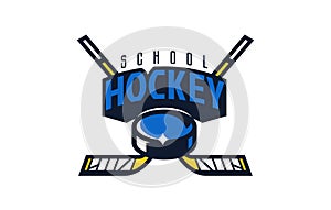 Ice hockey school logo, emblem. Colorful emblem of the puck and sticks on the background of the shield. Logo template