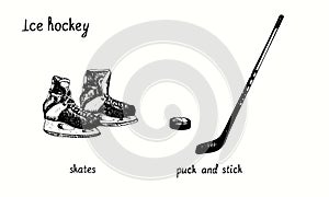 Ice hockey skates, stick and puck. Ink black and white doodle drawing