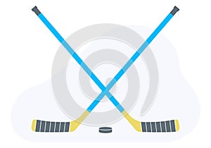 Ice hockey stick and puck. Crossed sticks design. Sport equipment symbol. Vector illustration