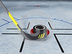 Ice hockey stick and puck on scratched ice background. 3D illustration