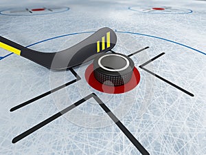 Ice hockey stick and puck on scratched ice background. 3D illustration