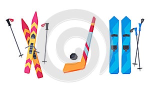 Ice Hockey Stick and Ski with Pole Vector Set