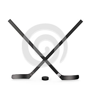 Ice hockey sticks and puck, 3d