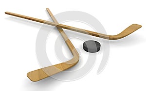 Ice hockey sticks and puck