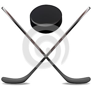 Ice Hockey Sticks and Puck is an illustration of two crossed ice
