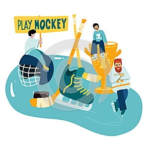 Ice Hockey team with hockey equipment and motto. Sportsmen in a flat style.