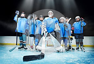 Ice hockey team standing in line on the rink