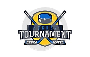 Ice hockey tournament logo, emblem. Colorful emblem of the championship with the puck and sticks on the background of
