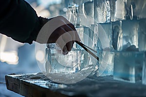 Ice hotel Person fine-tuning ice sculpture with chisel outdoors