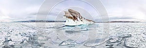 Ice icicles on Ogoy island winter Lake Baikal. Siberia, Russia. cylindrical 360 panorama