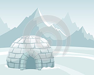 Ice igloo in the field against the mountains. Winter Northern landscape. The life of the Inuit