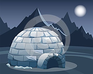 Ice igloo in the field against the mountains. Winter Northern landscape in the night. The life of the Inuit