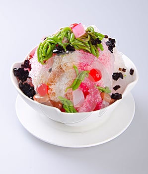 Ice kacang, dessert of shaved ice with icecream