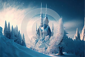 Ice kingdom, castle made of ice. snow-covered landscape. magical fantasy background. Generative ai illustration