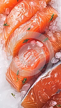 Ice kissed salmon fillets showcased in a tantalizing close up shot