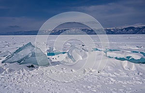 On the ice of Lake Baikal. beautiful pieces of ice. Ice hummock on the ice of lake Baikal