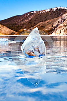 Ice on Lake Baikal. floe. Blue transparent ice