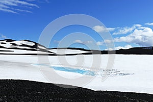Ice lake in pristine snow landscape with black hills on FimmvÃ¶rduhals mountain pass, Iceland