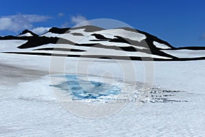 Ice lake in snow landscape with black hills on FimmvÃ¶rduhals mountain pass, Iceland