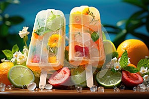 Ice lolly cream with pieces of fruit on the table. Summer dessert