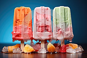 Ice lolly cream with pieces of fruit on the table. Summer dessert