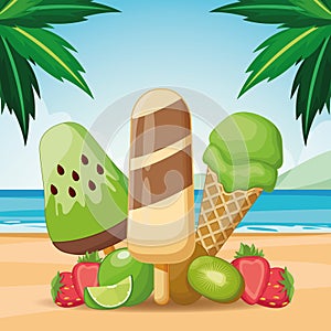 Ice lolly and ice cream with fruit