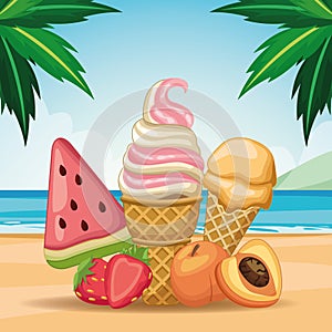 Ice lolly and ice cream with fruit