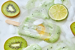 Ice lolly. Sweet melting ice cream with pieces of different fruits, ice and splashes on a gray background. A refreshing