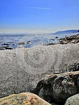 Ice melting on the lake shore