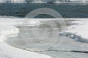 Ice melting in the outfall of the river photo