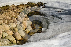 Ice melts on the pond under the sun