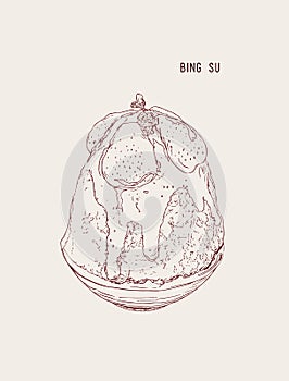 Ice milk Korean dessert, Bingsu with strawberry and sauce.sketch vector.