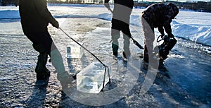 `Ice Miners` workers mine large cubes of natural river ice