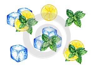 Ice, mint and lemon on white background. Watercolor hand drawn illustration