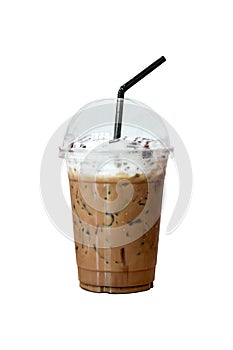 Ice mocha in take away plastic cup with black staw isolate on white background. Freshness with caffiene in coffee