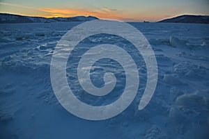 Ice of the Nagaevskaya Bay in the city of Magadan.