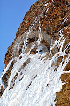 Ice over rocks wall on Baikal lake at winter