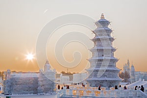 Ice pagoda at sunset at the ice festival in Harbin