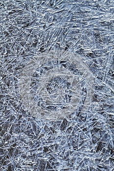 Ice pattern consisting of frozen ice needles on a dark background