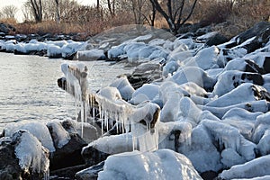 Ice patterns along rocky shore