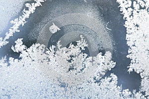 Ice patterns on the window during strong frost.