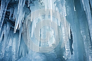 an ice pillar formation inside a glacier cave