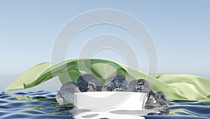 An ice platform for displaying your procuct 3D render, surrounded by ice stones on white background. photo