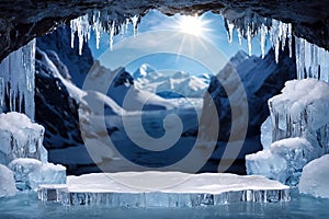 Ice podium on the ice mountain cave for product display, advertising, mockup, studio advertising photoshoot