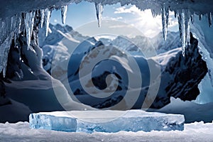 Ice podium on the ice mountain cave for product display, advertising, mockup, studio advertising photoshoot