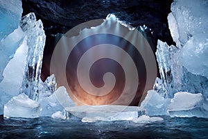 Ice podium on the ice mountain cave for product display, advertising, mockup, studio advertising photoshoot