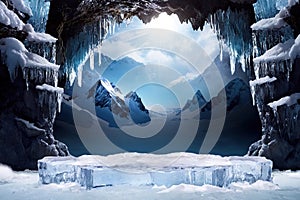 Ice podium on the ice mountain cave for product display, advertising, mockup, studio advertising photoshoot