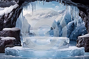 Ice podium on the ice mountain cave for product display, advertising, mockup, studio advertising photoshoot