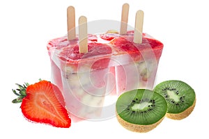 ice popsicle in tray decorated kiwi and strawberry isolated on white background, concept healthy eating