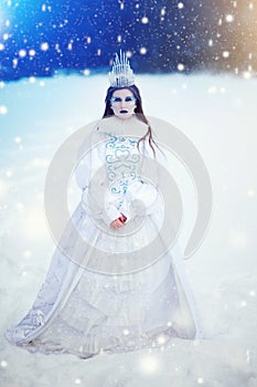 Ice queen with crown in winter landscape